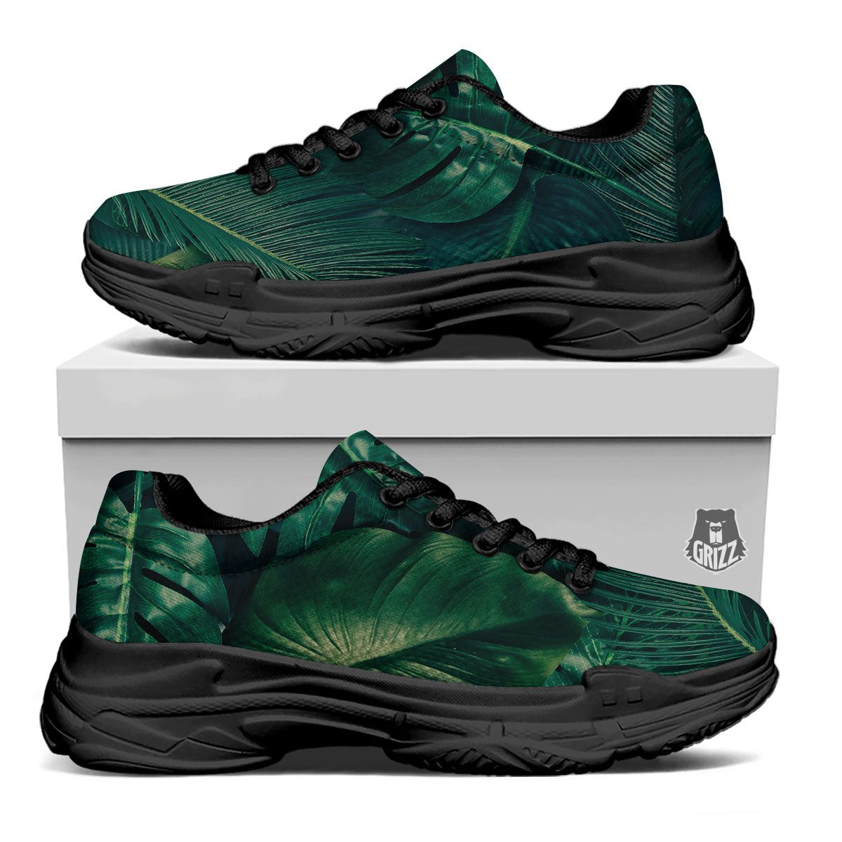 Tropical Leaf Natural Print Black Chunky Shoes-grizzshop