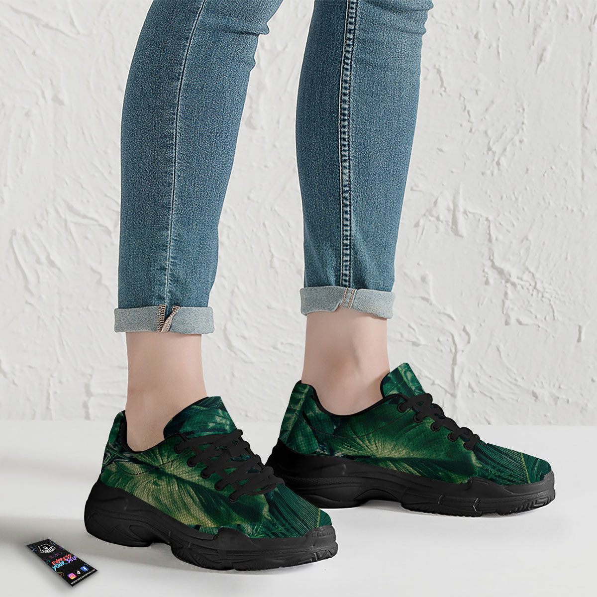 Tropical Leaf Natural Print Black Chunky Shoes-grizzshop