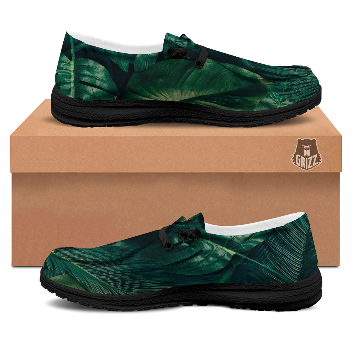 Tropical Leaf Natural Print Black Loafers-grizzshop