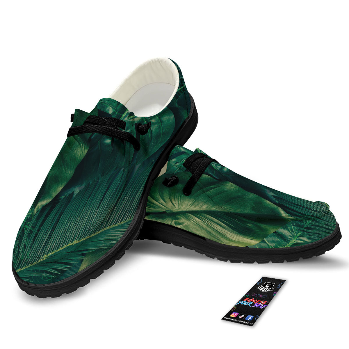Tropical Leaf Natural Print Black Loafers-grizzshop
