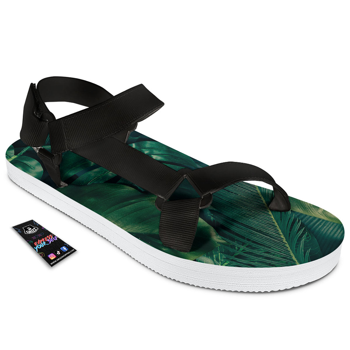 Tropical Leaf Natural Print Black Open Toe Sandals-grizzshop