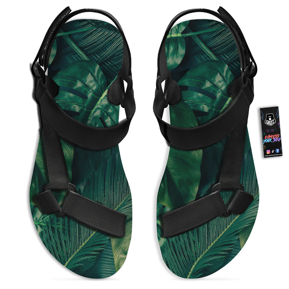 Tropical Leaf Natural Print Black Open Toe Sandals-grizzshop