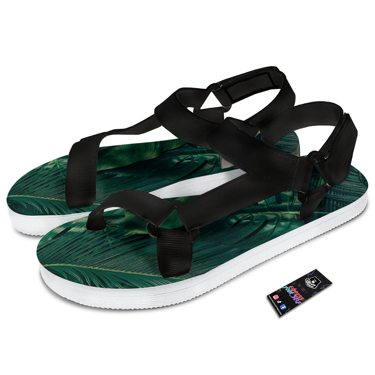 Tropical Leaf Natural Print Black Open Toe Sandals-grizzshop