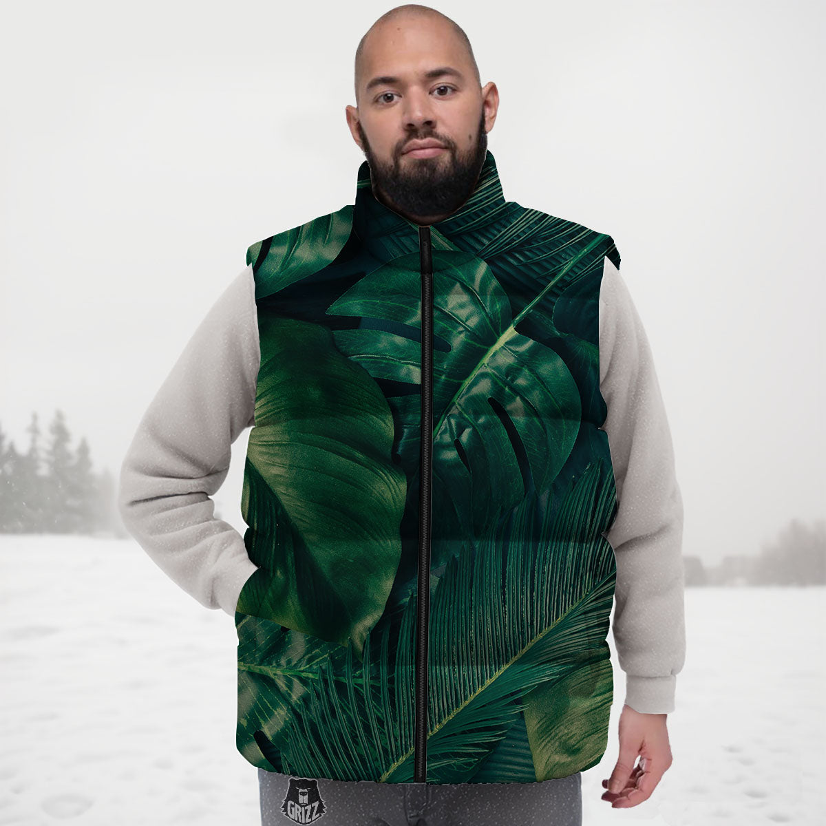 Tropical Leaf Natural Print Down Vest