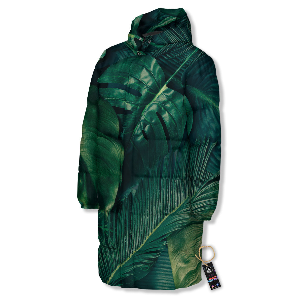 Tropical Leaf Natural Print Long Down Jacket-grizzshop