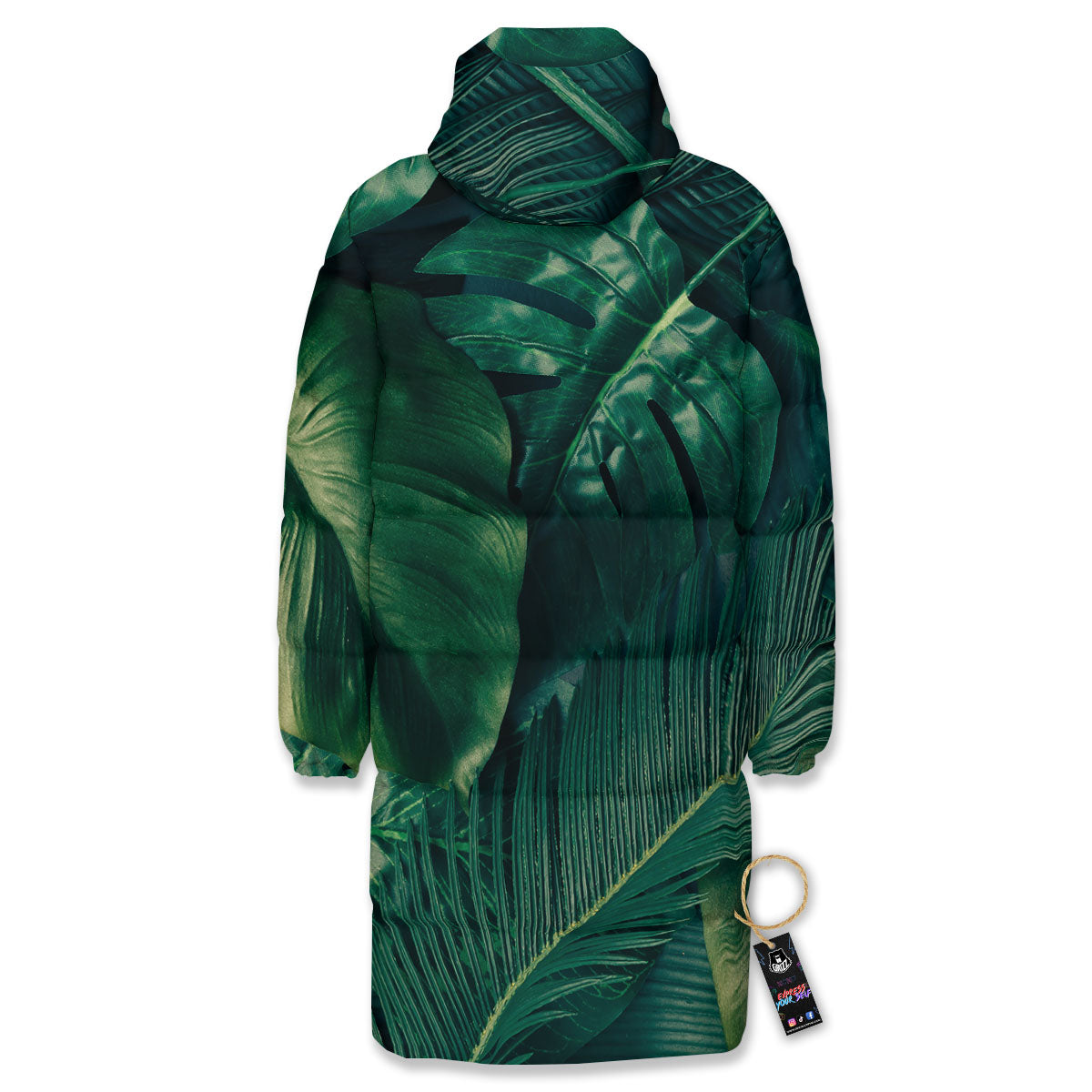 Tropical Leaf Natural Print Long Down Jacket-grizzshop
