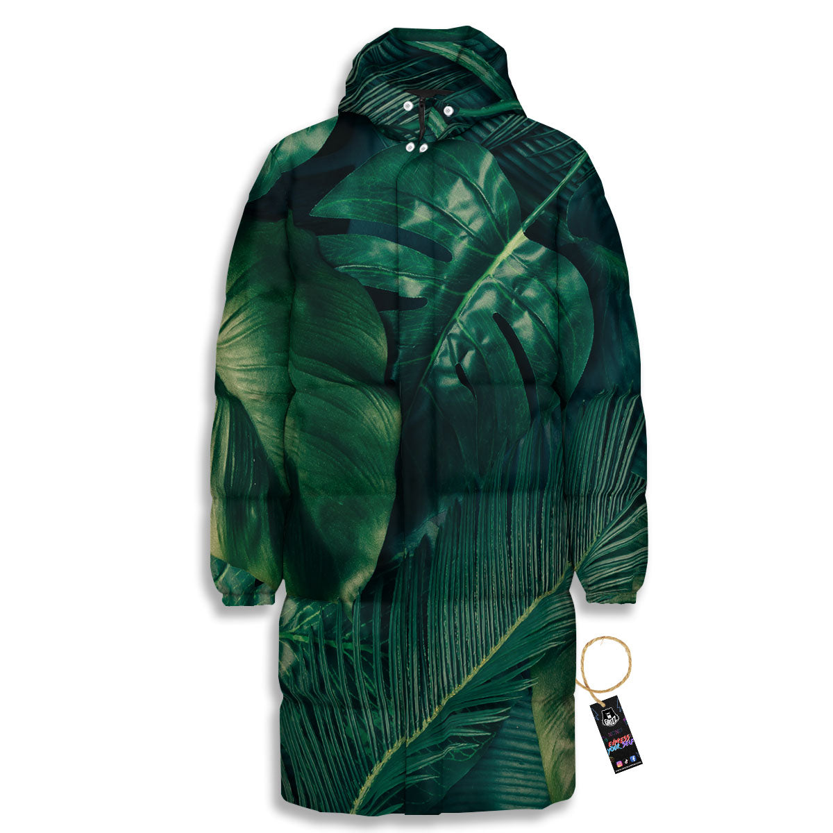 Tropical Leaf Natural Print Long Down Jacket-grizzshop