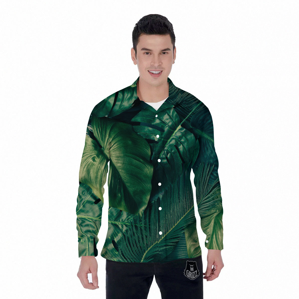 Tropical Leaf Natural Print Men's Long Sleeve Shirts-grizzshop