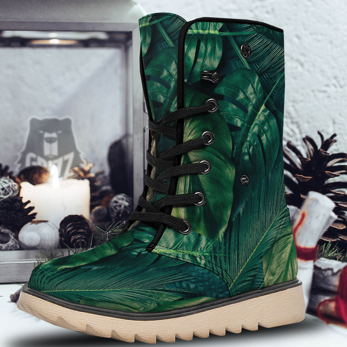 Tropical Leaf Natural Print Snow Boots-grizzshop