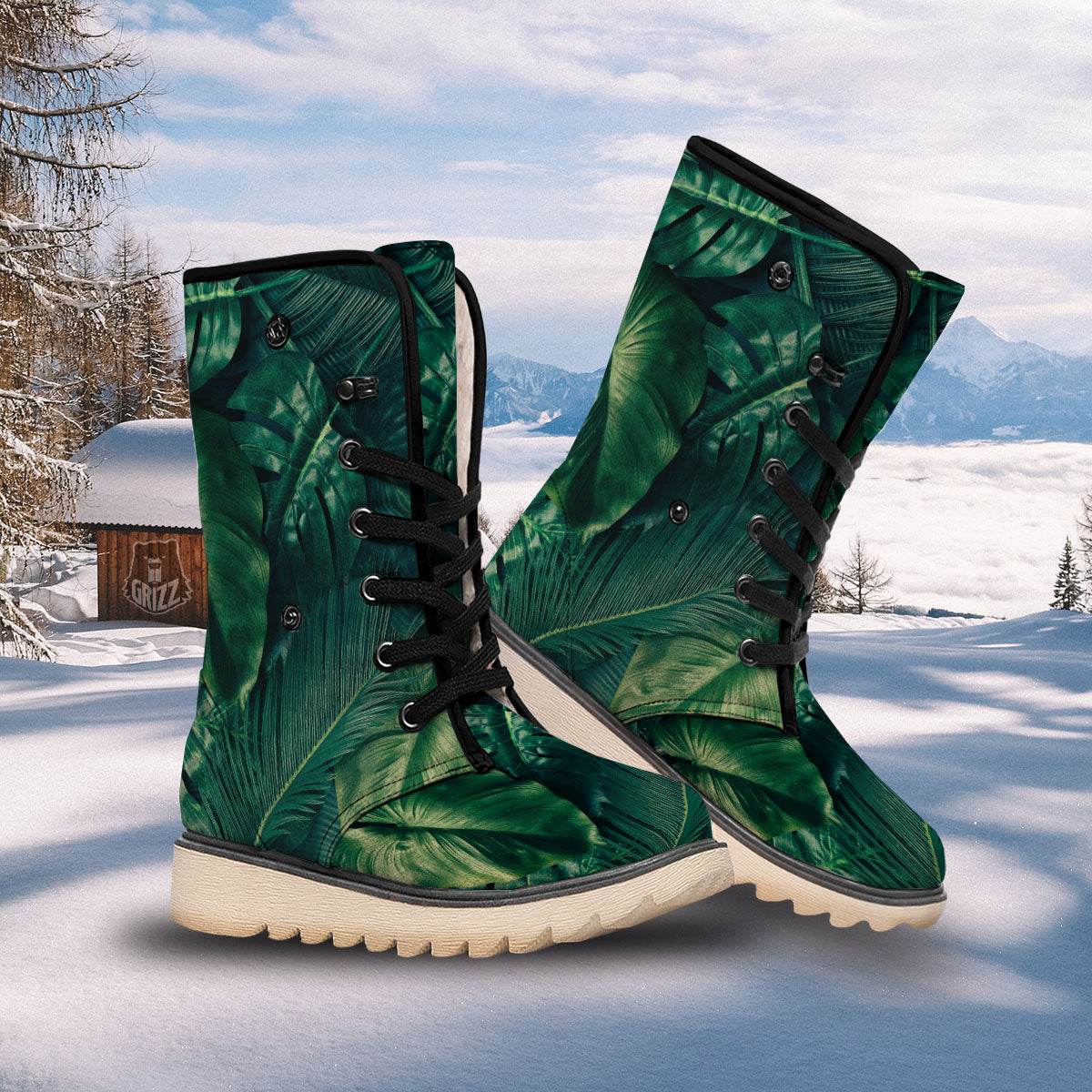 Tropical Leaf Natural Print Snow Boots-grizzshop