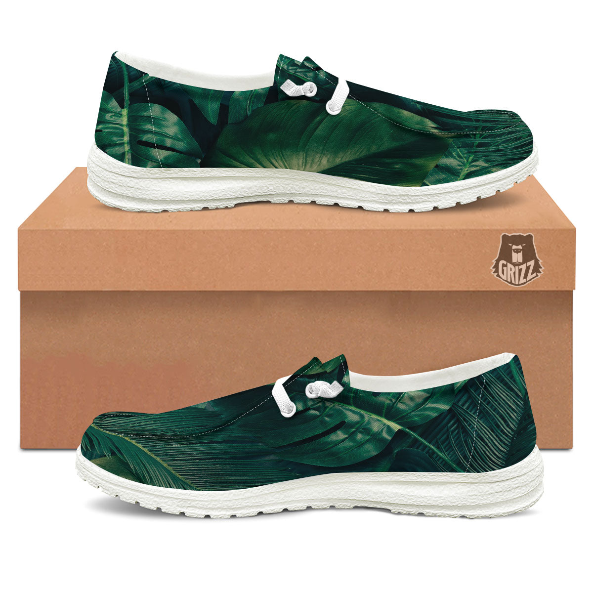 Tropical Leaf Natural Print White Loafers-grizzshop