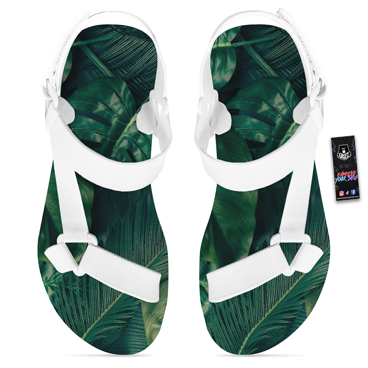Tropical Leaf Natural Print White Open Toe Sandals-grizzshop