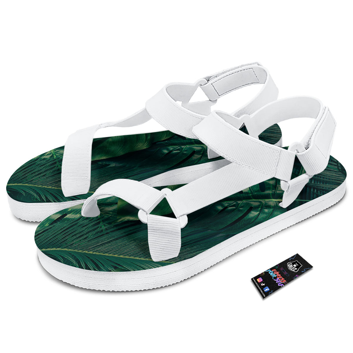 Tropical Leaf Natural Print White Open Toe Sandals-grizzshop