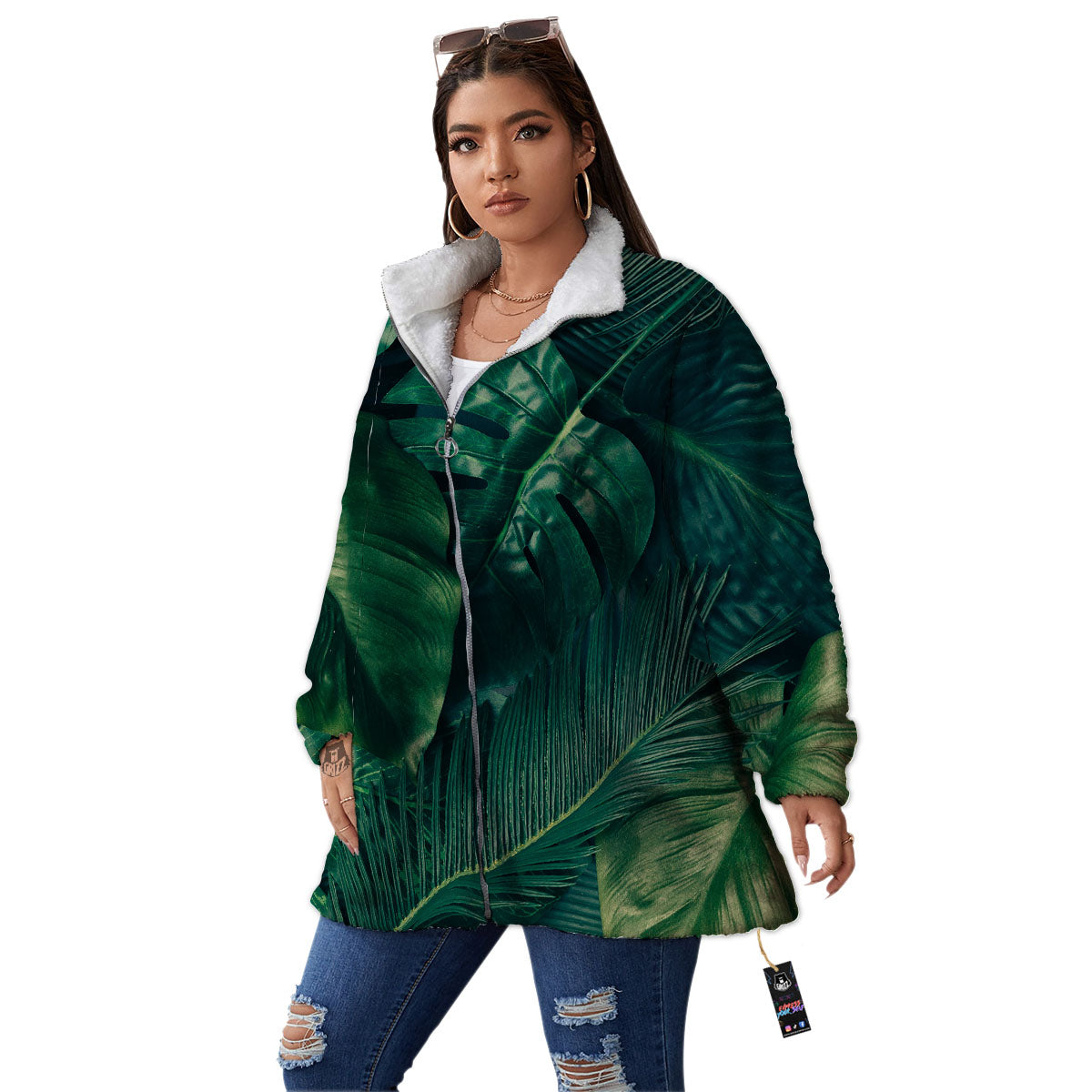Tropical Leaf Natural Print Women's Sherpa Jacket-grizzshop