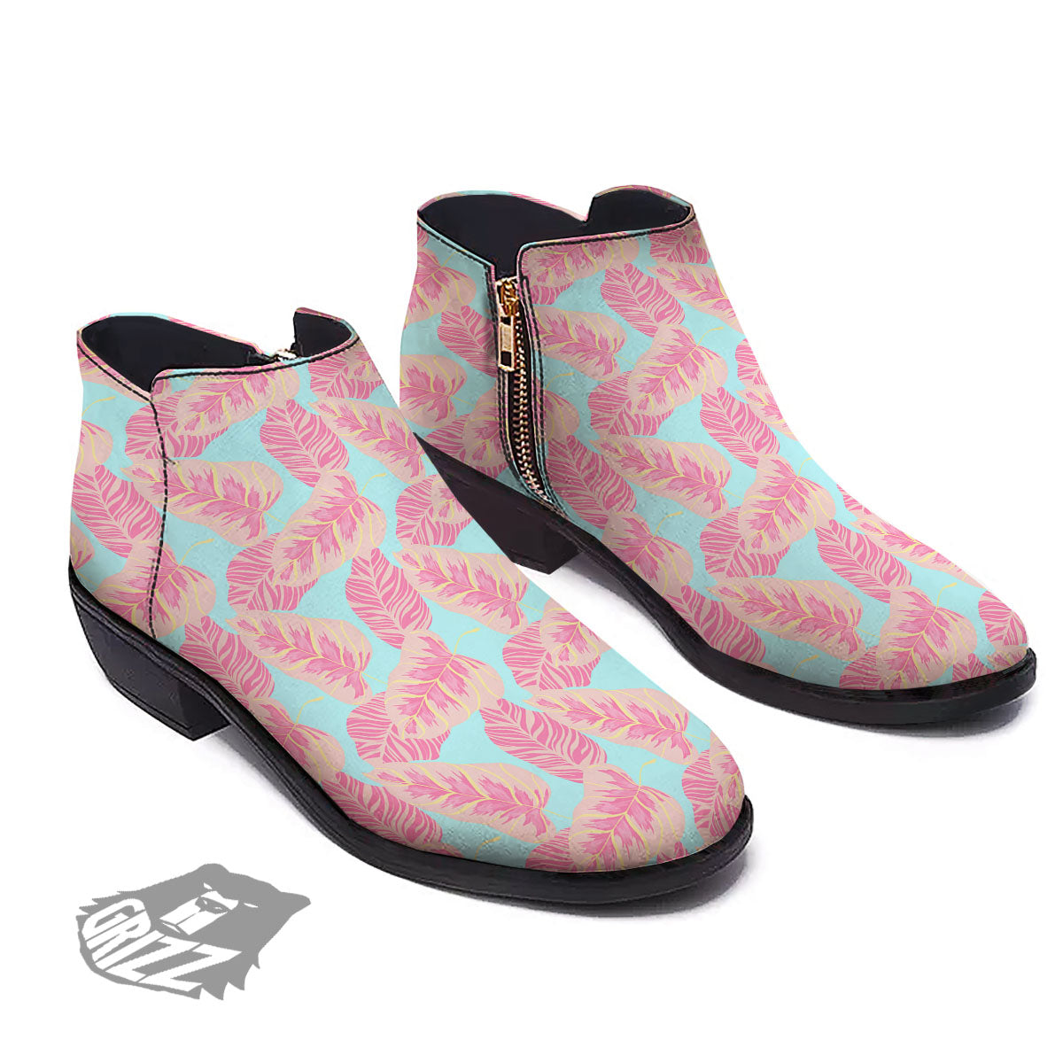 Tropical Leaf Pink And Teal Print Pattern Ankle Boots-grizzshop