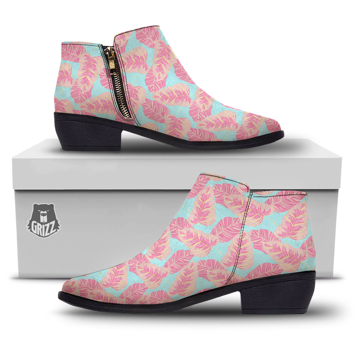 Tropical Leaf Pink And Teal Print Pattern Ankle Boots-grizzshop