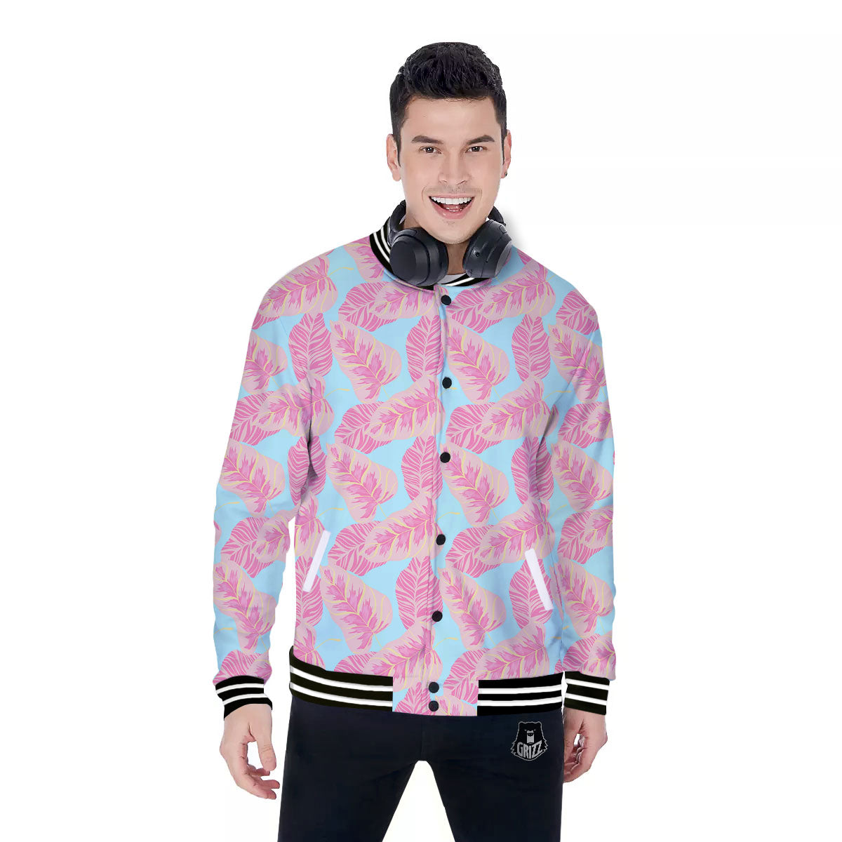 Tropical Leaf Pink And Teal Print Pattern Baseball Jacket-grizzshop