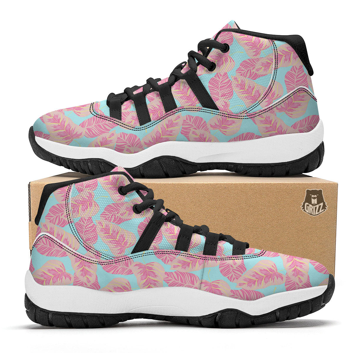 Tropical Leaf Pink And Teal Print Pattern Black Bball Shoes-grizzshop