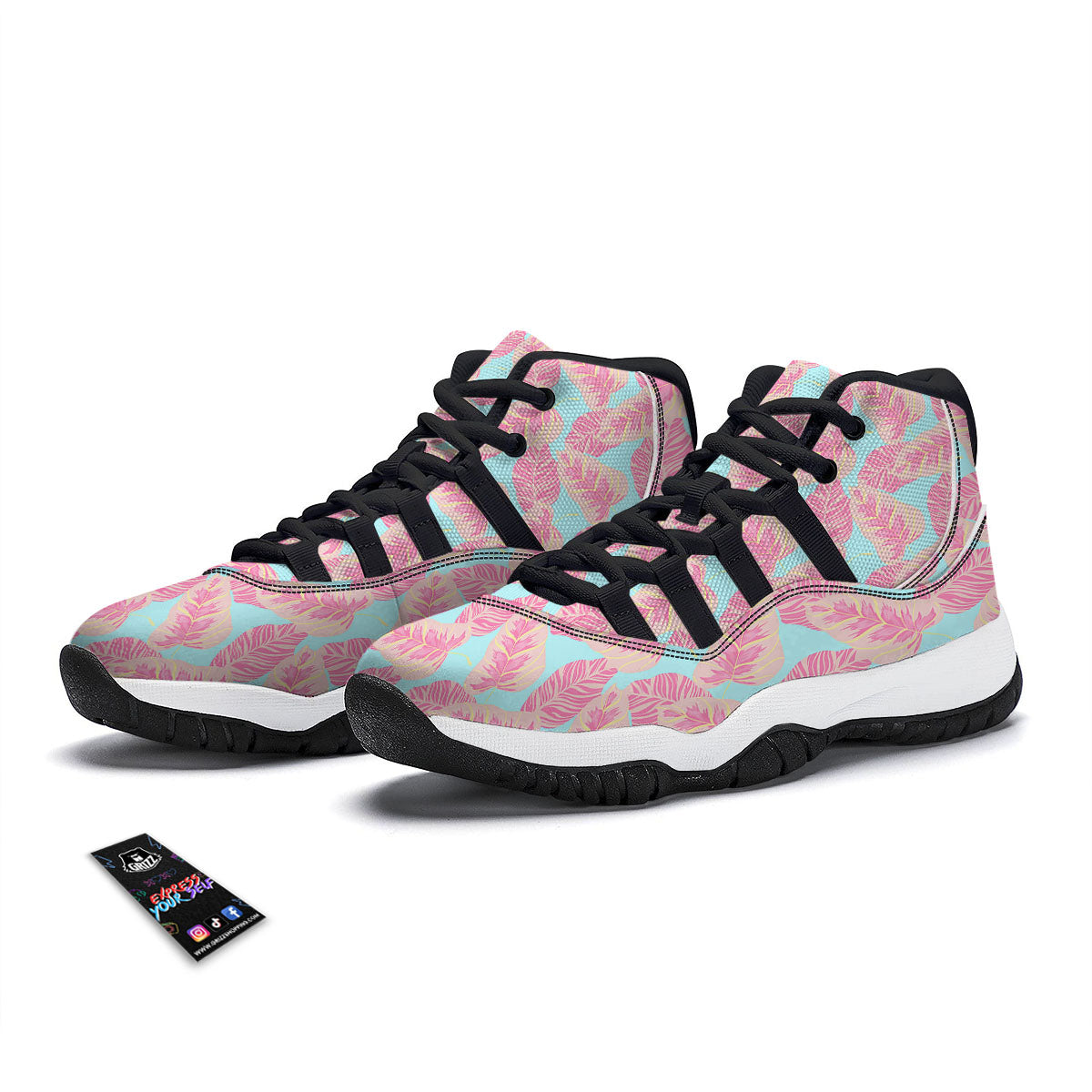 Tropical Leaf Pink And Teal Print Pattern Black Bball Shoes-grizzshop