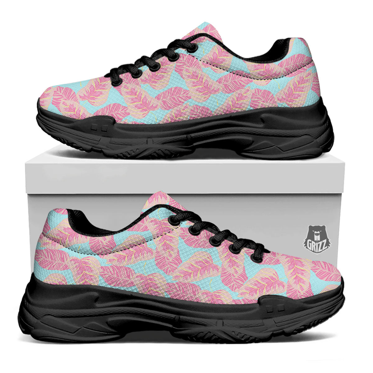 Tropical Leaf Pink And Teal Print Pattern Black Chunky Shoes-grizzshop