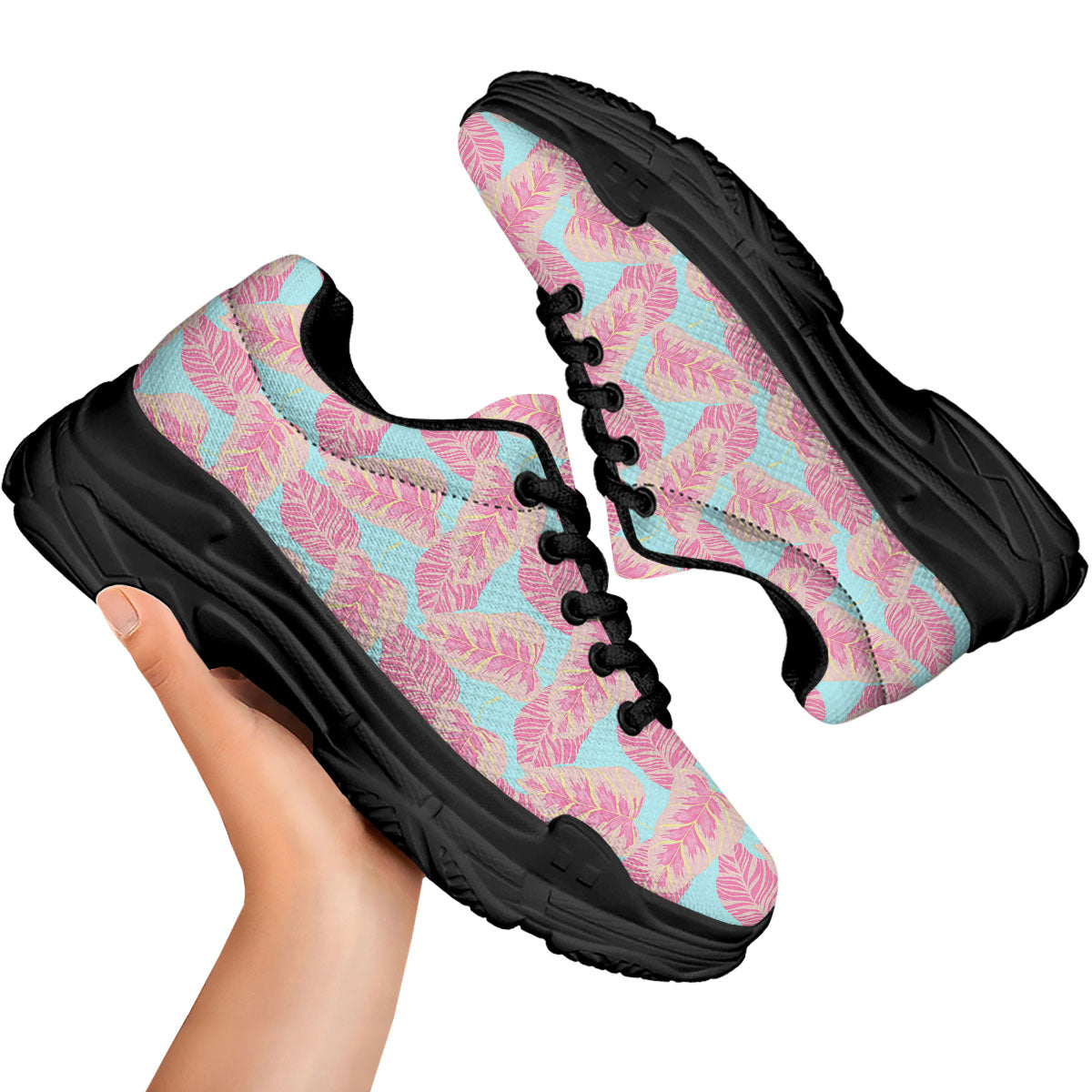 Tropical Leaf Pink And Teal Print Pattern Black Chunky Shoes-grizzshop