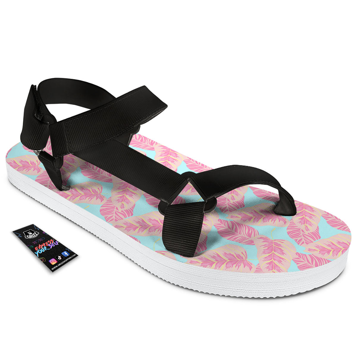Tropical Leaf Pink And Teal Print Pattern Black Open Toe Sandals-grizzshop