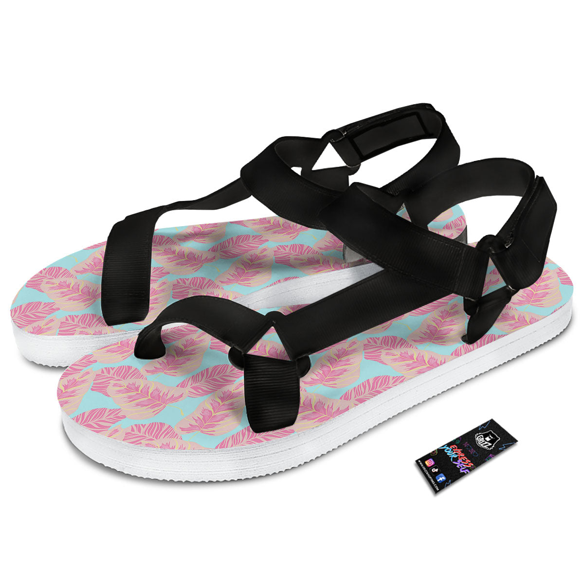 Tropical Leaf Pink And Teal Print Pattern Black Open Toe Sandals-grizzshop