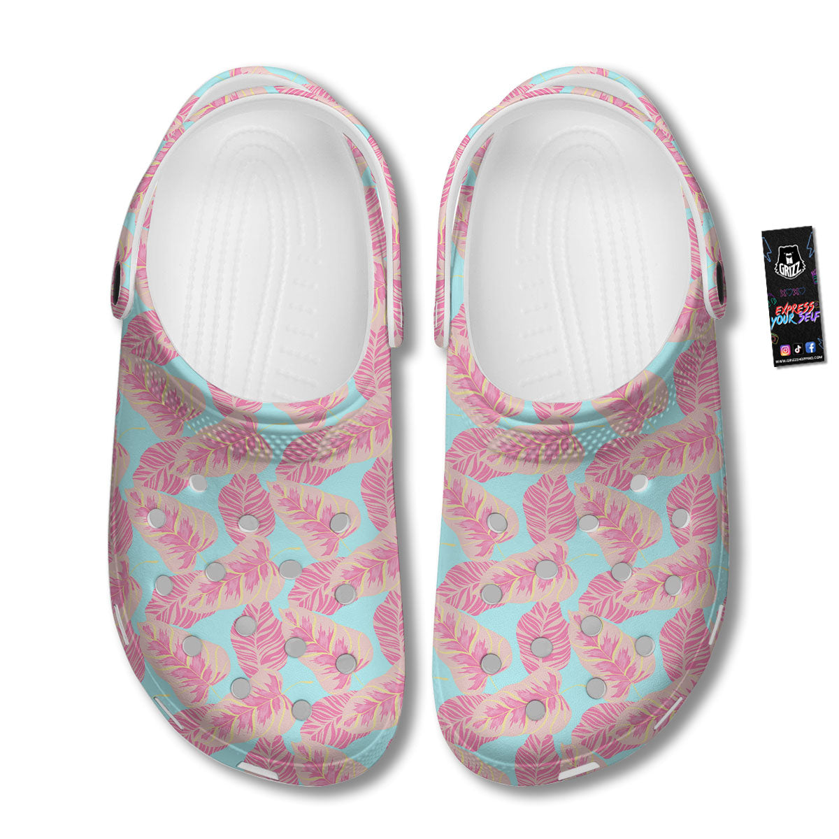 Tropical Leaf Pink And Teal Print Pattern Clog-grizzshop