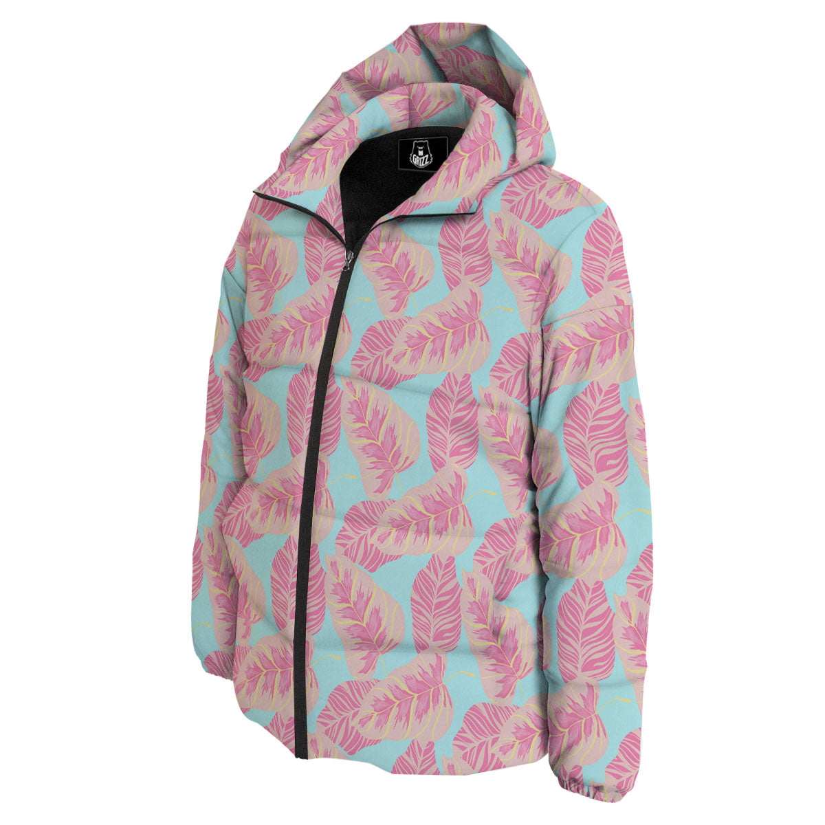 Tropical Leaf Pink And Teal Print Pattern Down Jacket-grizzshop