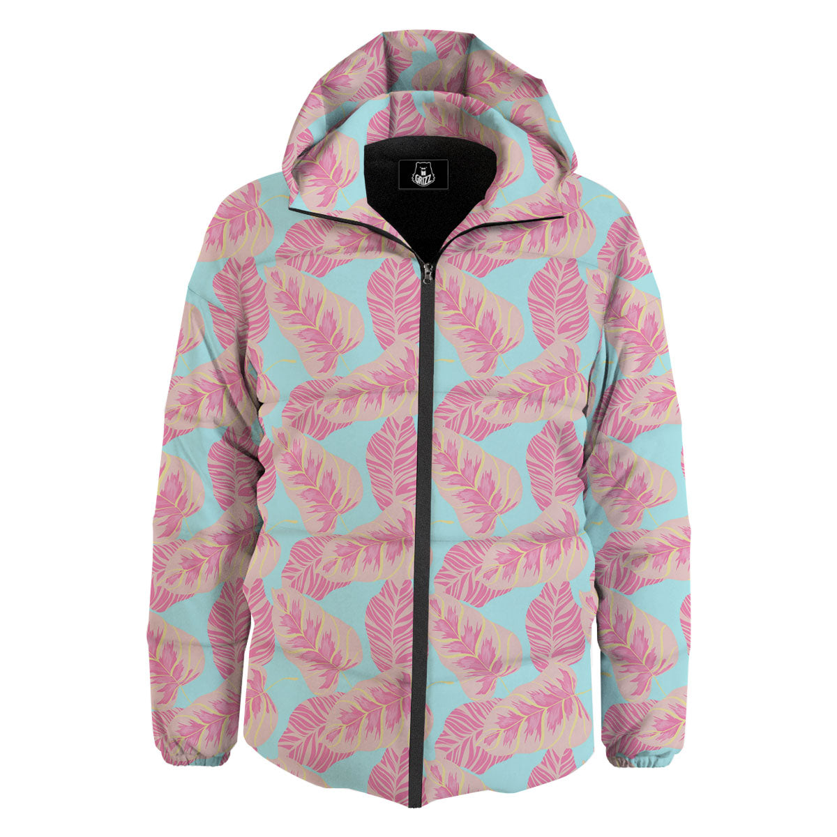 Tropical Leaf Pink And Teal Print Pattern Down Jacket-grizzshop