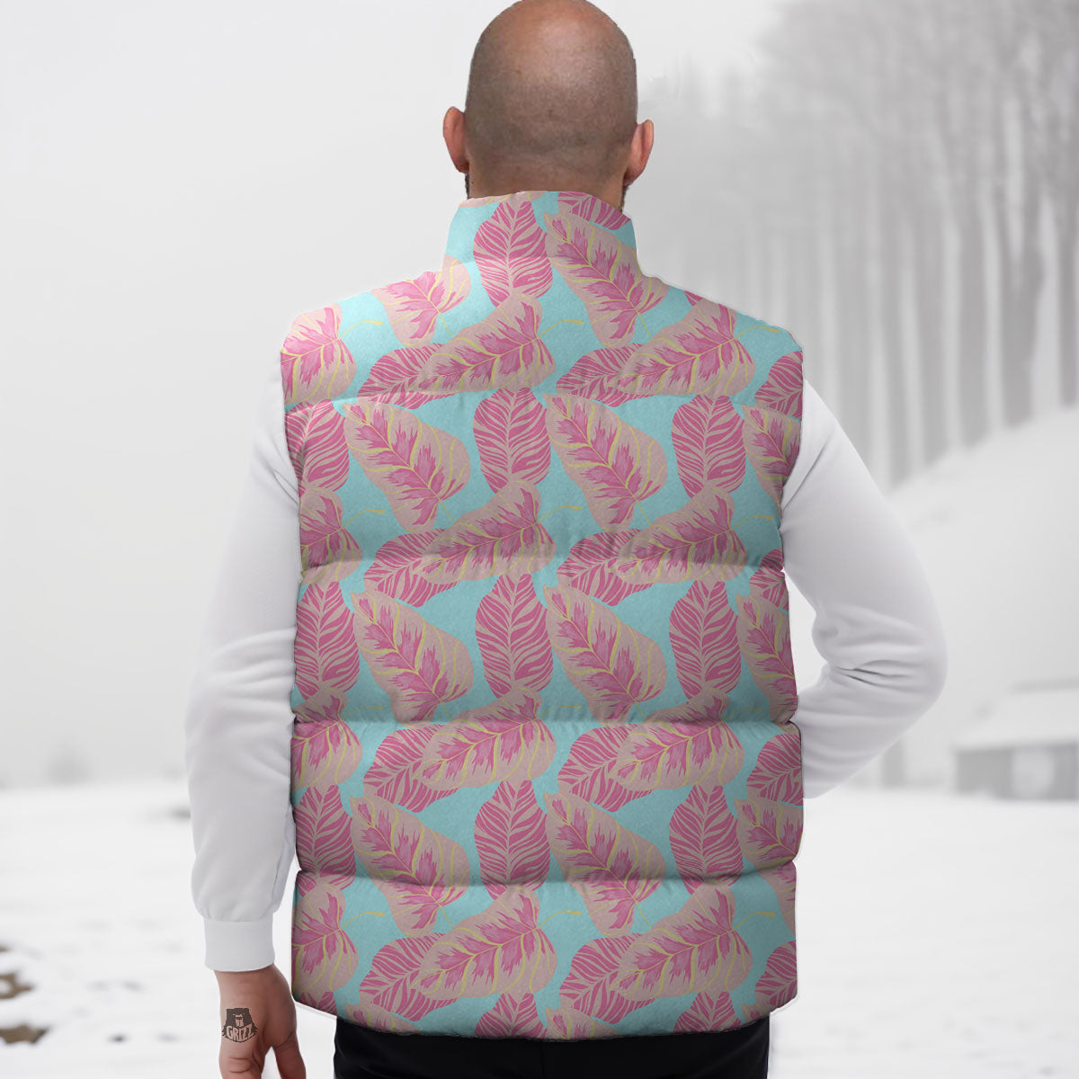 Tropical Leaf Pink And Teal Print Pattern Down Vest