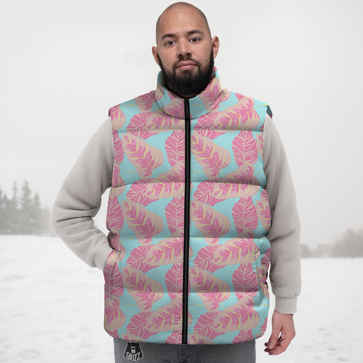 Tropical Leaf Pink And Teal Print Pattern Down Vest