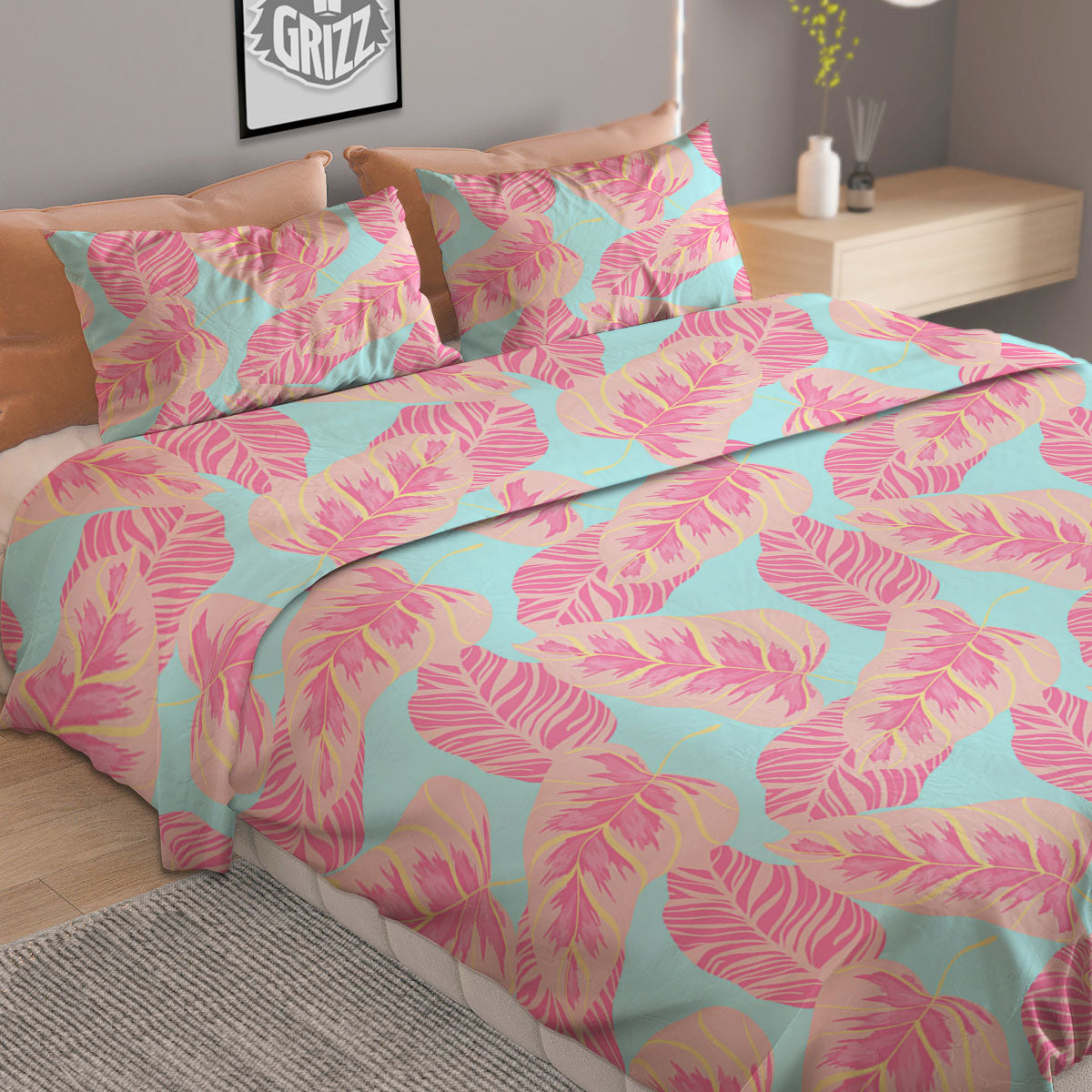 Tropical Leaf Pink And Teal Print Pattern Duvet Cover Bedding Set