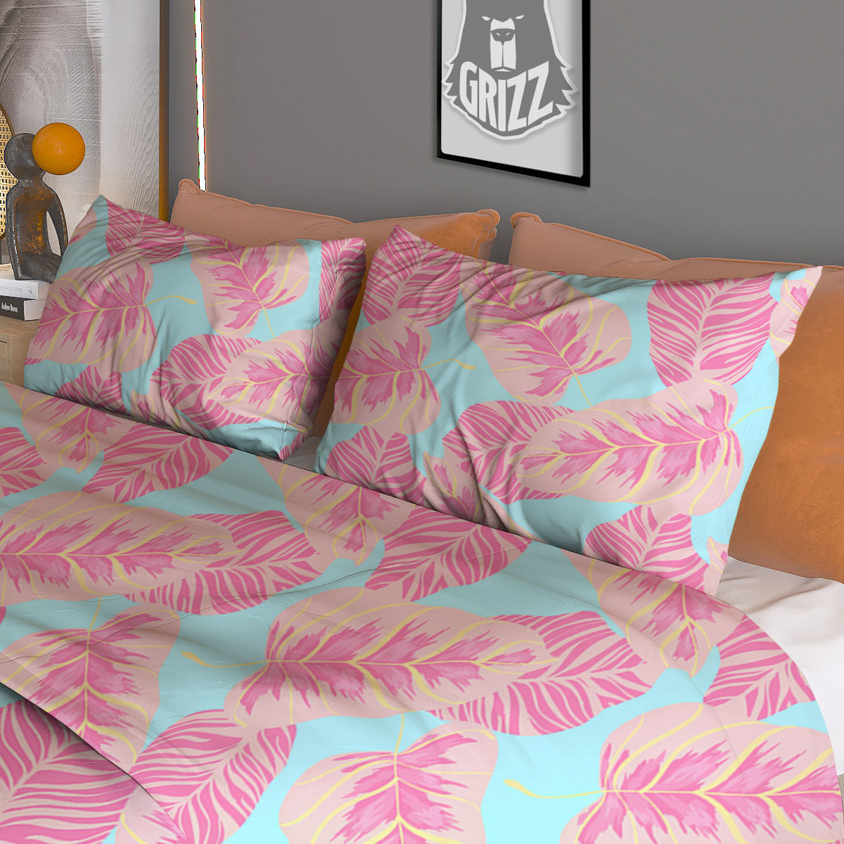 Tropical Leaf Pink And Teal Print Pattern Duvet Cover Bedding Set