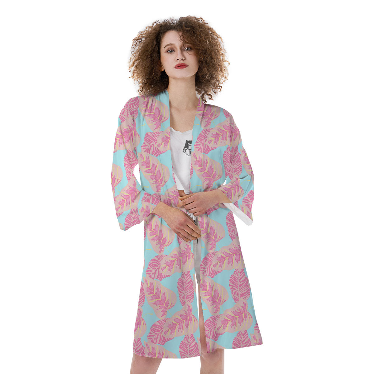 Tropical Leaf Pink And Teal Print Pattern Kimono-grizzshop