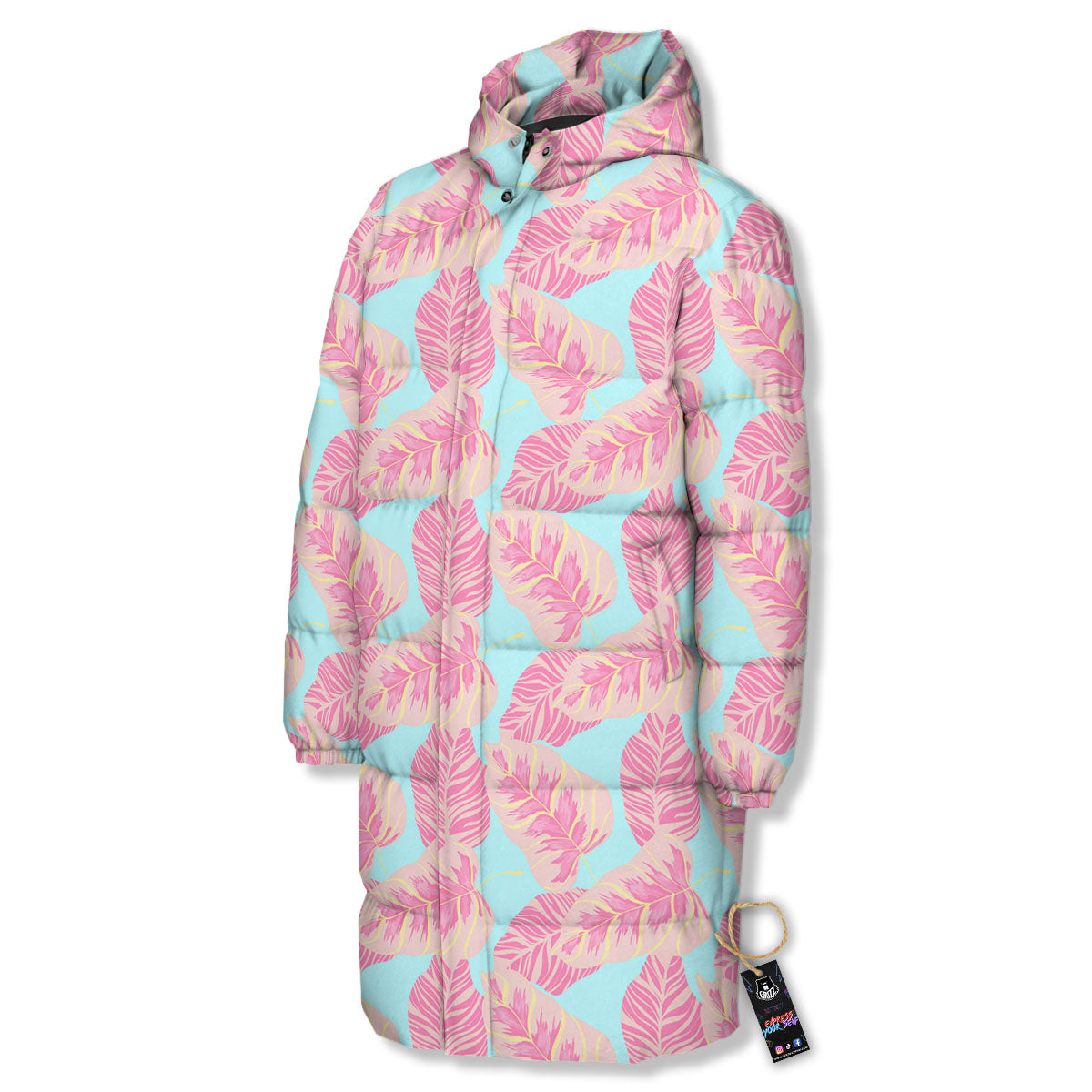 Tropical Leaf Pink And Teal Print Pattern Long Down Jacket-grizzshop