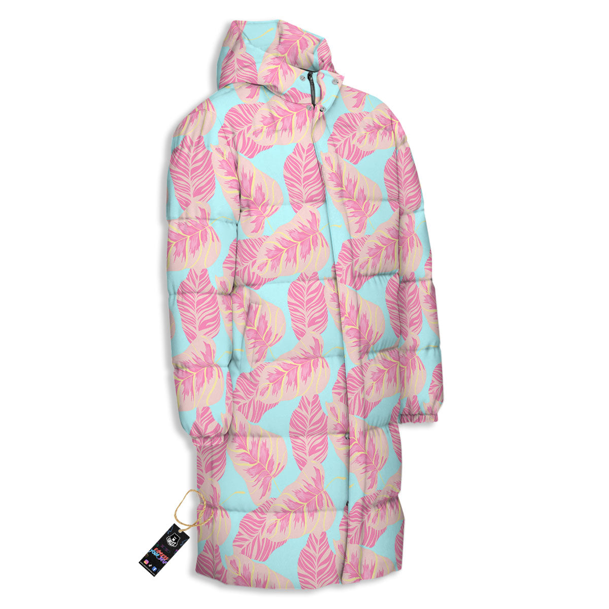 Tropical Leaf Pink And Teal Print Pattern Long Down Jacket-grizzshop