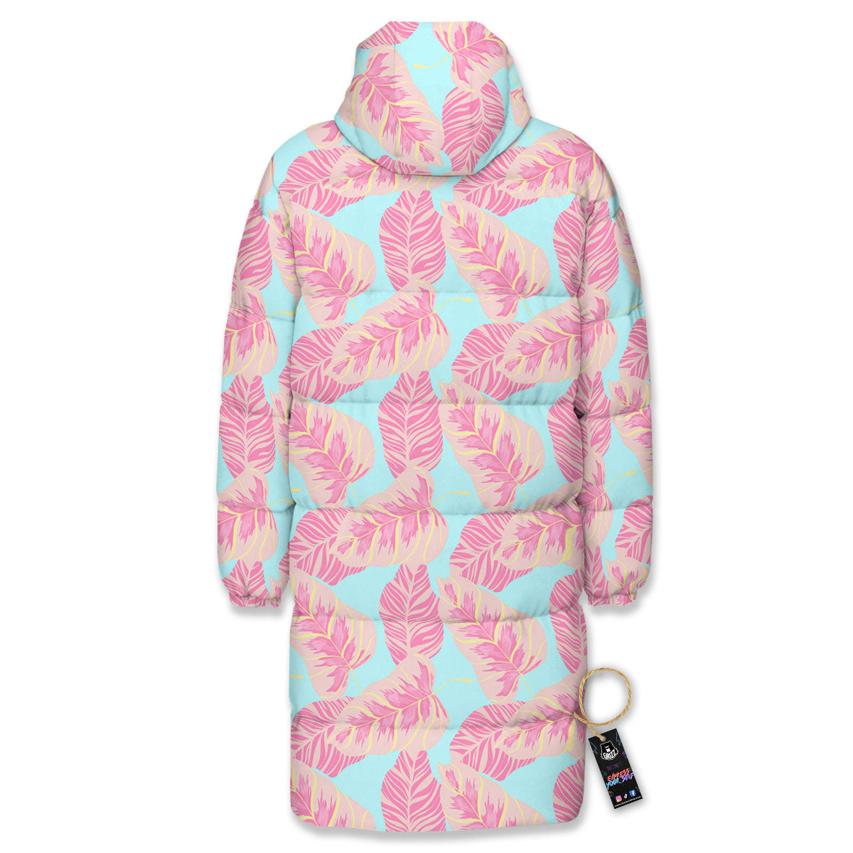 Tropical Leaf Pink And Teal Print Pattern Long Down Jacket-grizzshop