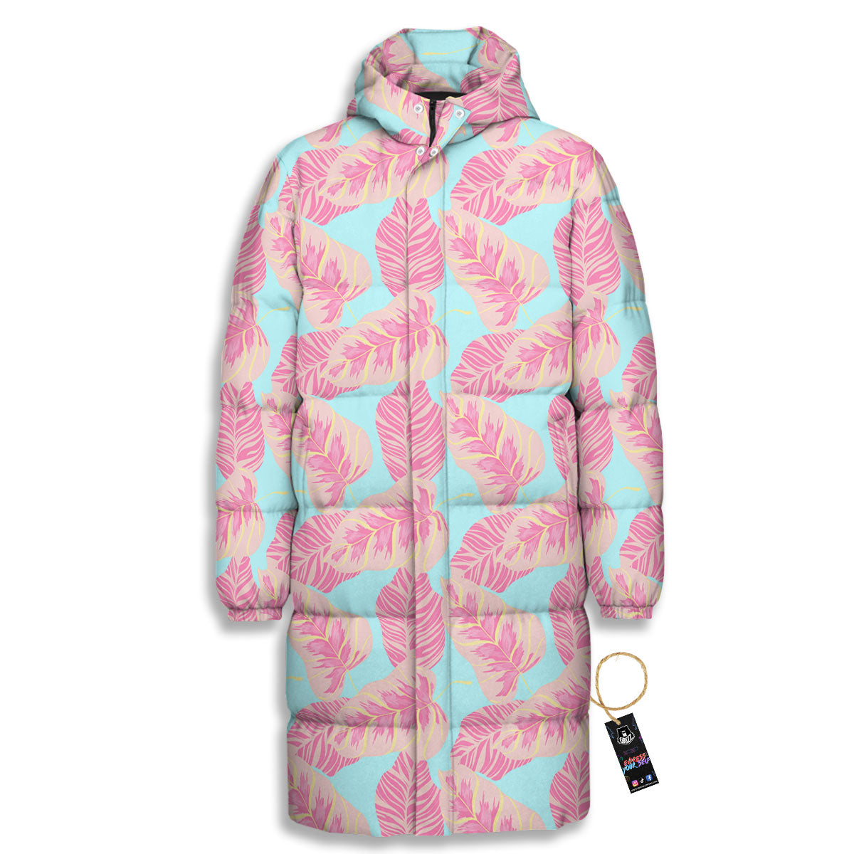 Tropical Leaf Pink And Teal Print Pattern Long Down Jacket-grizzshop