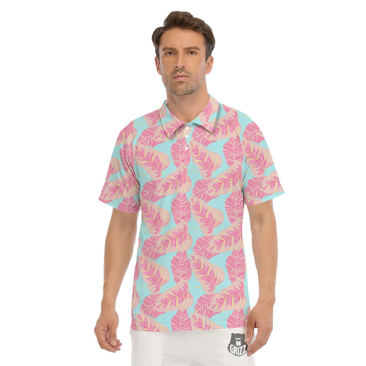 Tropical Leaf Pink And Teal Print Pattern Men's Golf Shirts-grizzshop