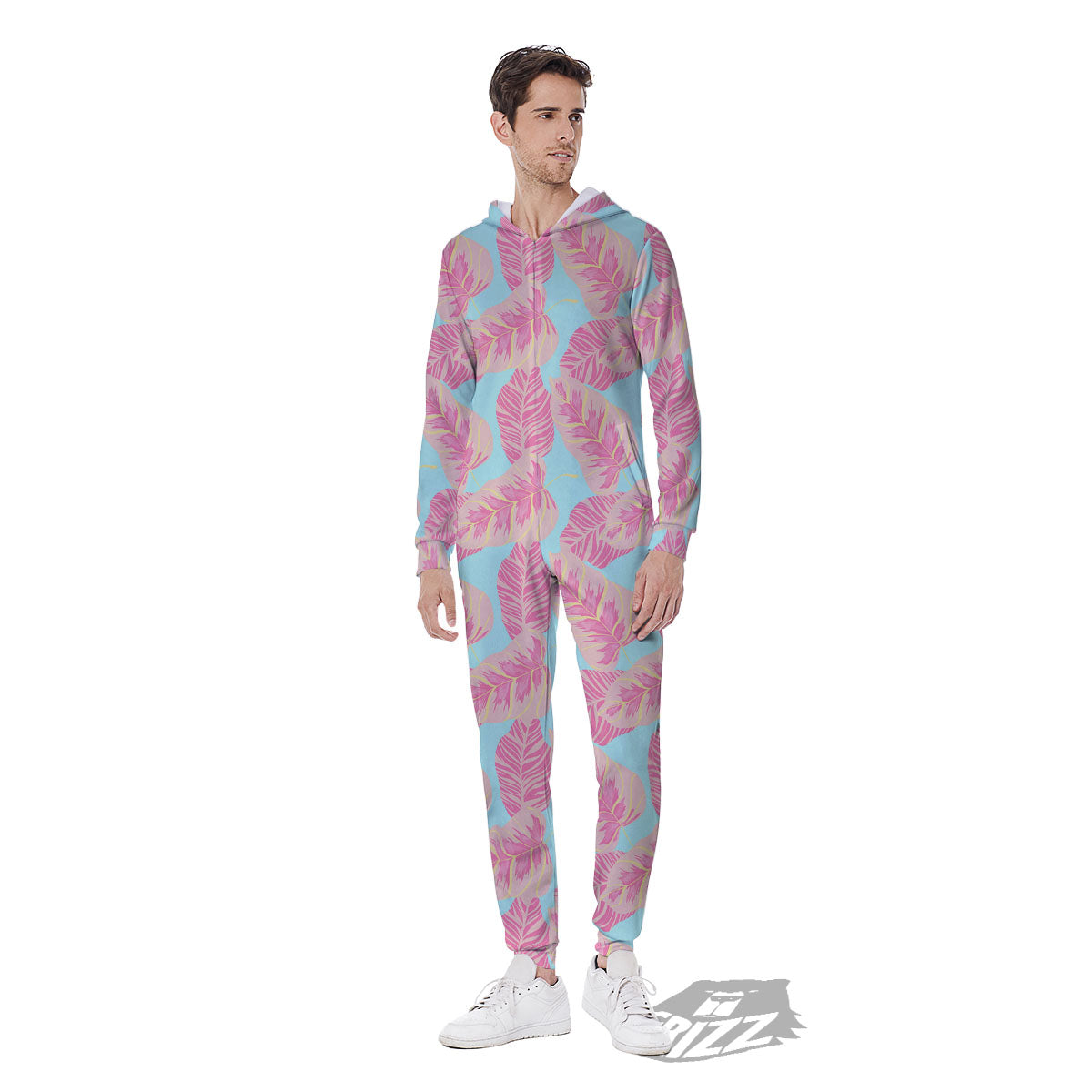 Tropical Leaf Pink And Teal Print Pattern Men's Jumpsuit-grizzshop