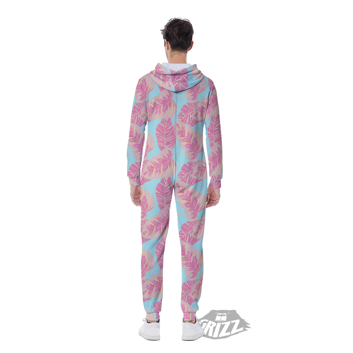Tropical Leaf Pink And Teal Print Pattern Men's Jumpsuit-grizzshop