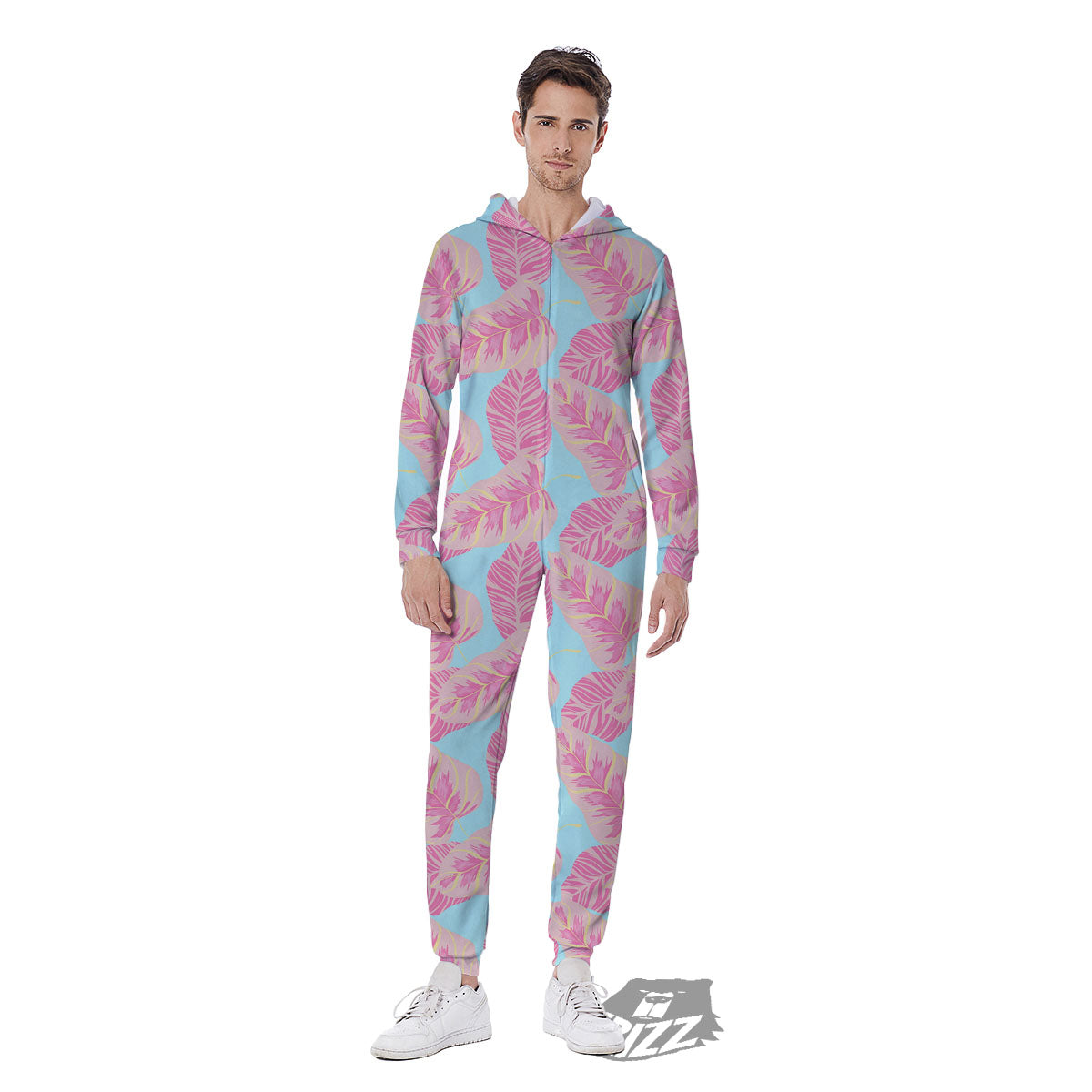 Tropical Leaf Pink And Teal Print Pattern Men's Jumpsuit-grizzshop
