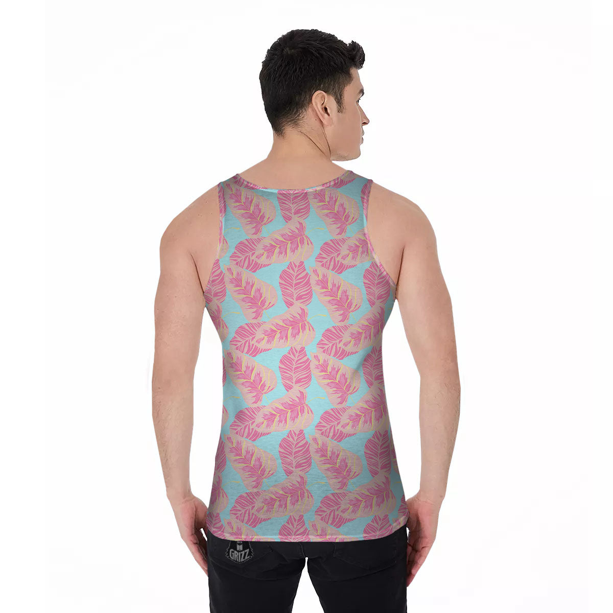 Tropical Leaf Pink And Teal Print Pattern Men's Tank Top-grizzshop