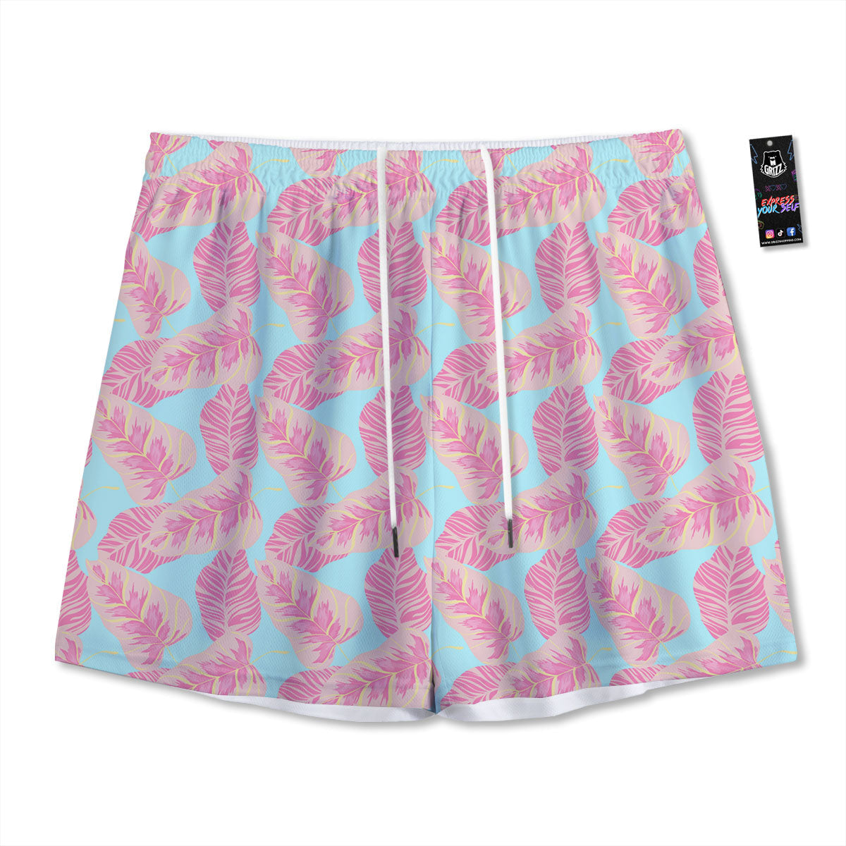 Tropical Leaf Pink And Teal Print Pattern Mesh Shorts
