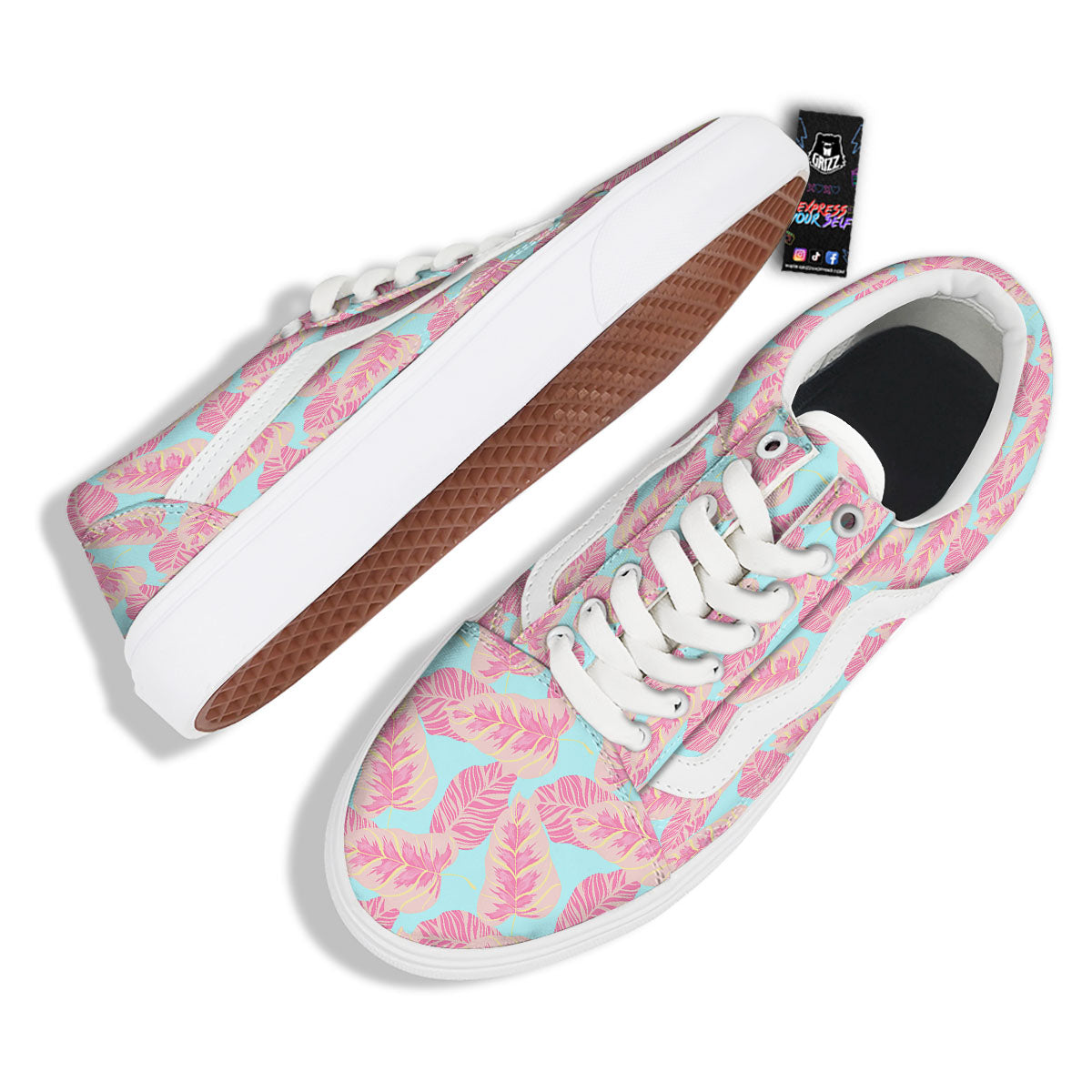Tropical Leaf Pink And Teal Print Pattern Skate Shoes-grizzshop