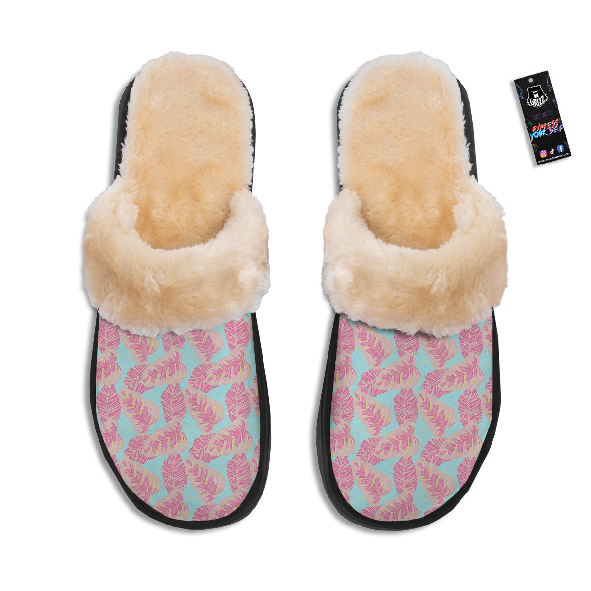 Tropical Leaf Pink And Teal Print Pattern Slippers-grizzshop