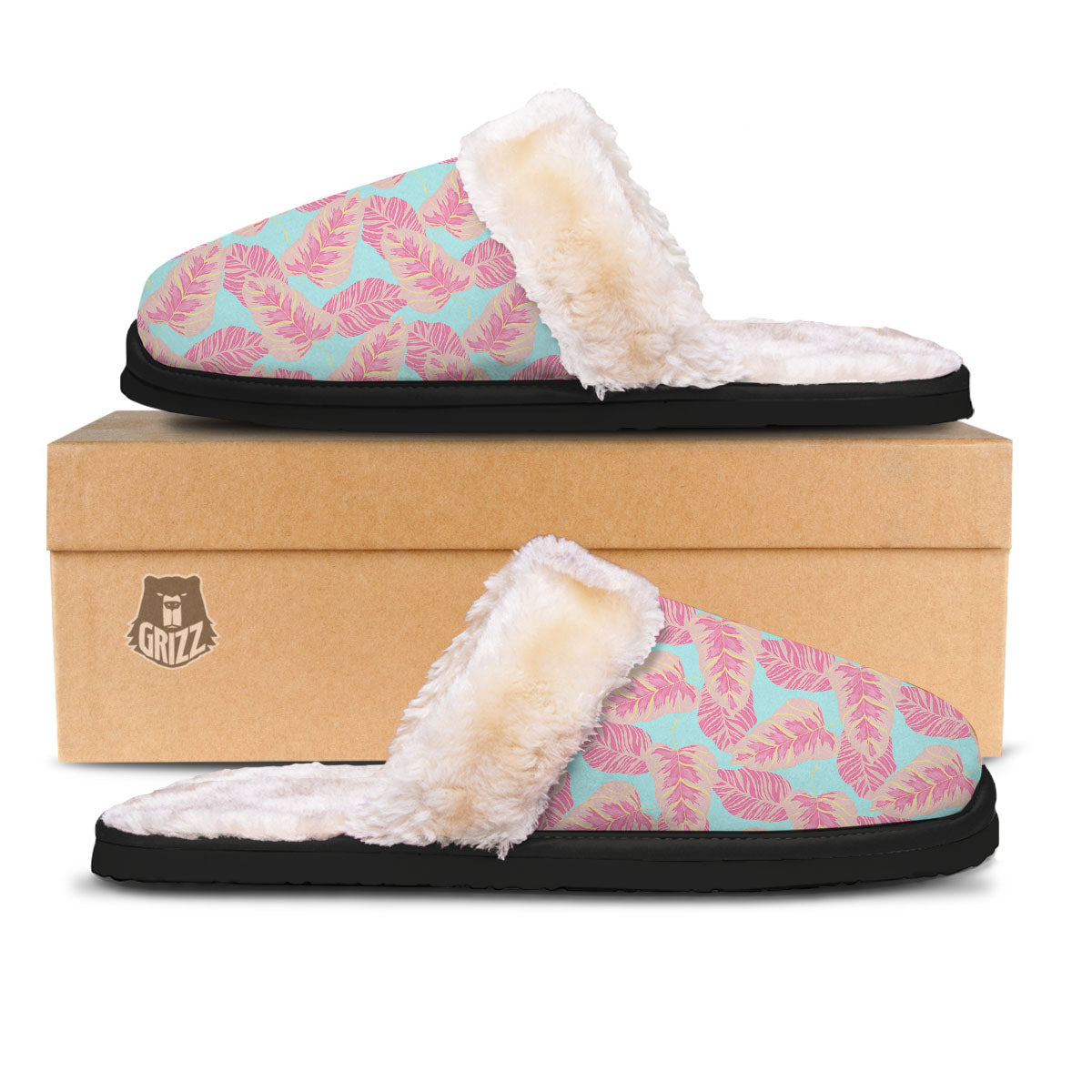 Tropical Leaf Pink And Teal Print Pattern Slippers-grizzshop