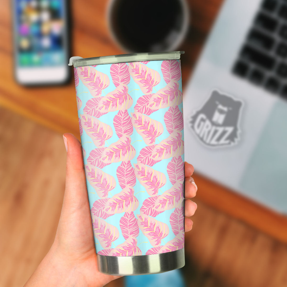 Tropical Leaf Pink And Teal Print Pattern Tumbler-grizzshop