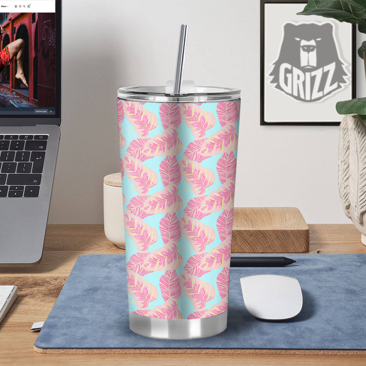 Tropical Leaf Pink And Teal Print Pattern Tumbler-grizzshop